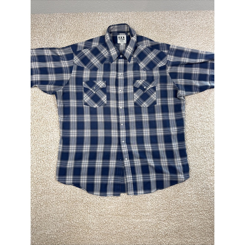 Ely Cattleman Shirt Mens XL Blue Gray Plaid Western Pearl Snap Flannel READ - Picture 1 of 12